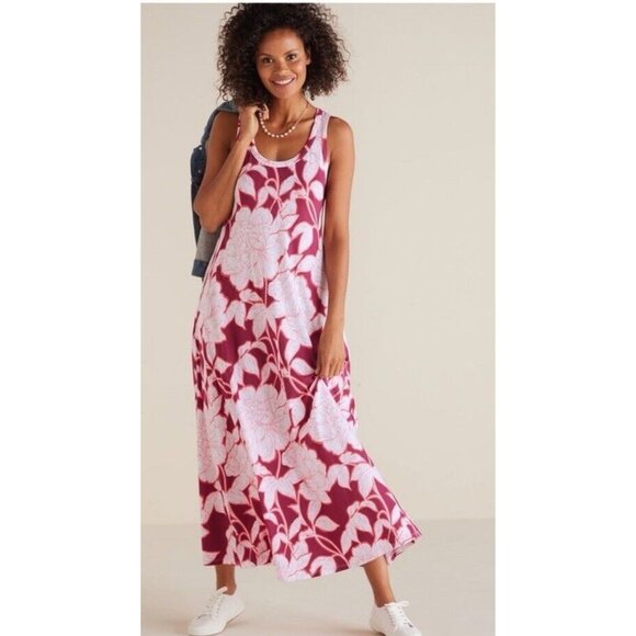 Soft Surroundings Dress Size Medium Red White Palm Hawaiian Maxi Pockets 025 - Picture 1 of 7